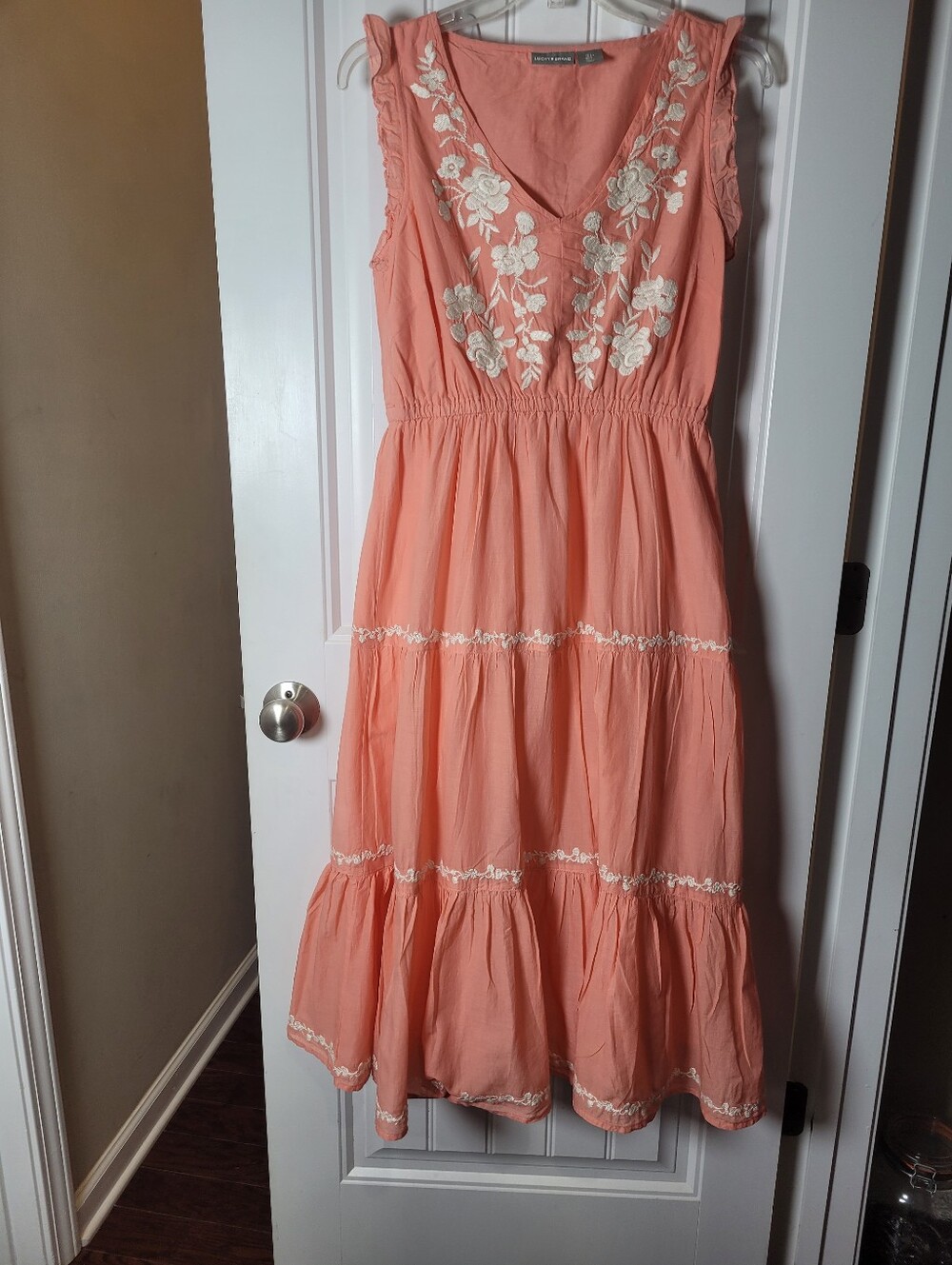 Peach Embroidered Cottagecore FestivalTiered Midi Dress by Lucky Brand.  Size S
